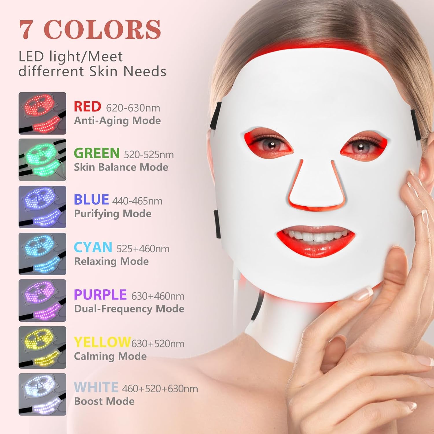Led Face Mask Light Therapy,Red Light Therapy for Face and Neck, 7 Led light colors 