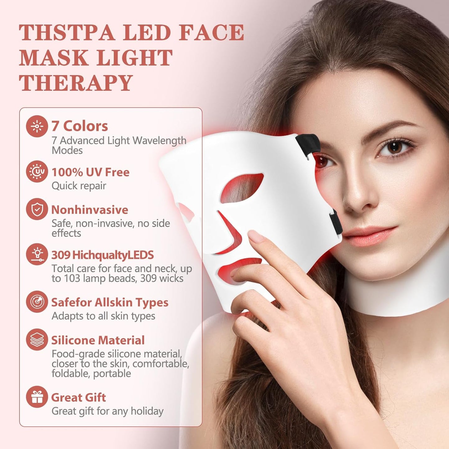 Led Face Mask Light Therapy,Red Light Therapy for Face and Neck, 7 Led light colors 