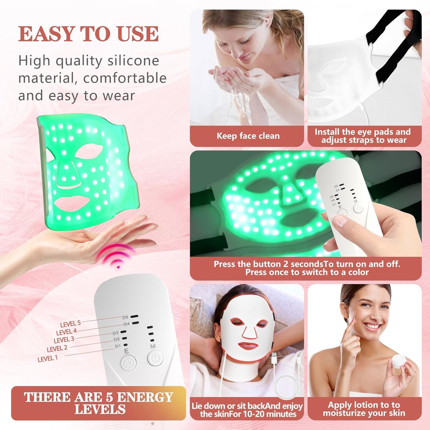 Led Face Mask Light Therapy,Red Light Therapy for Face and Neck, 7 Led light colors 